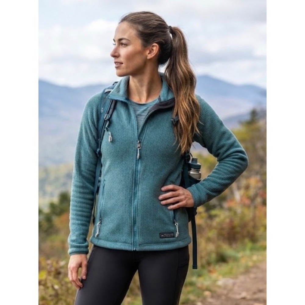 REI Women Ribbed Full Zip Fleece Jacket Teal Blue Green Outdoor Layer